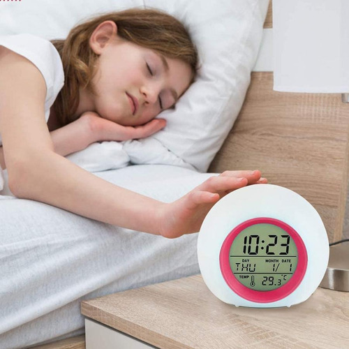 Reloj despertador redondo digital LED colorido con alarma de color rosa