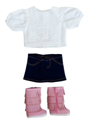 Imagen 2 de 2 de Conjunto Blusa Pollera Jean Botas Muñeca 45cm/18 Witty