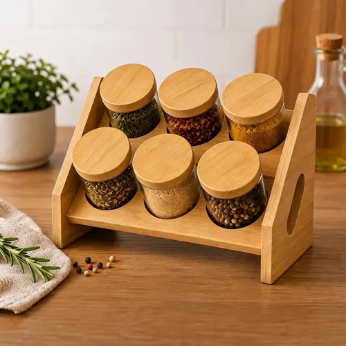 Porta Temperos Vidro Com Suporte E Tampa Bambu 6 Potes Bambu
