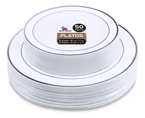 Comprar Platos Circulares Elegantes Reutilizables 50 piezas, Aspecto de Porcelana, Ideal para Bodas, Fiestas, Resistente y Duradero (25 platos de 19 cm\u002F25 platos de 26 cm)