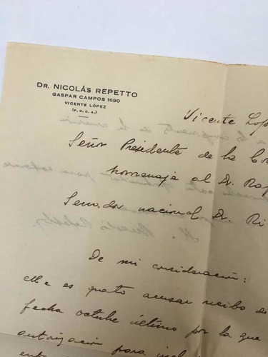(carta Manuscrita) Dr. Nicolás Repetto. Noviembre 17 De 1942