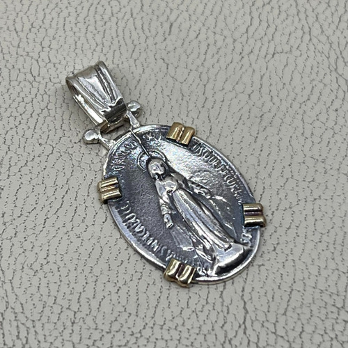 Medalla Virgen Milagrosa En Plata 925 Y Oro Empavonada A.pb