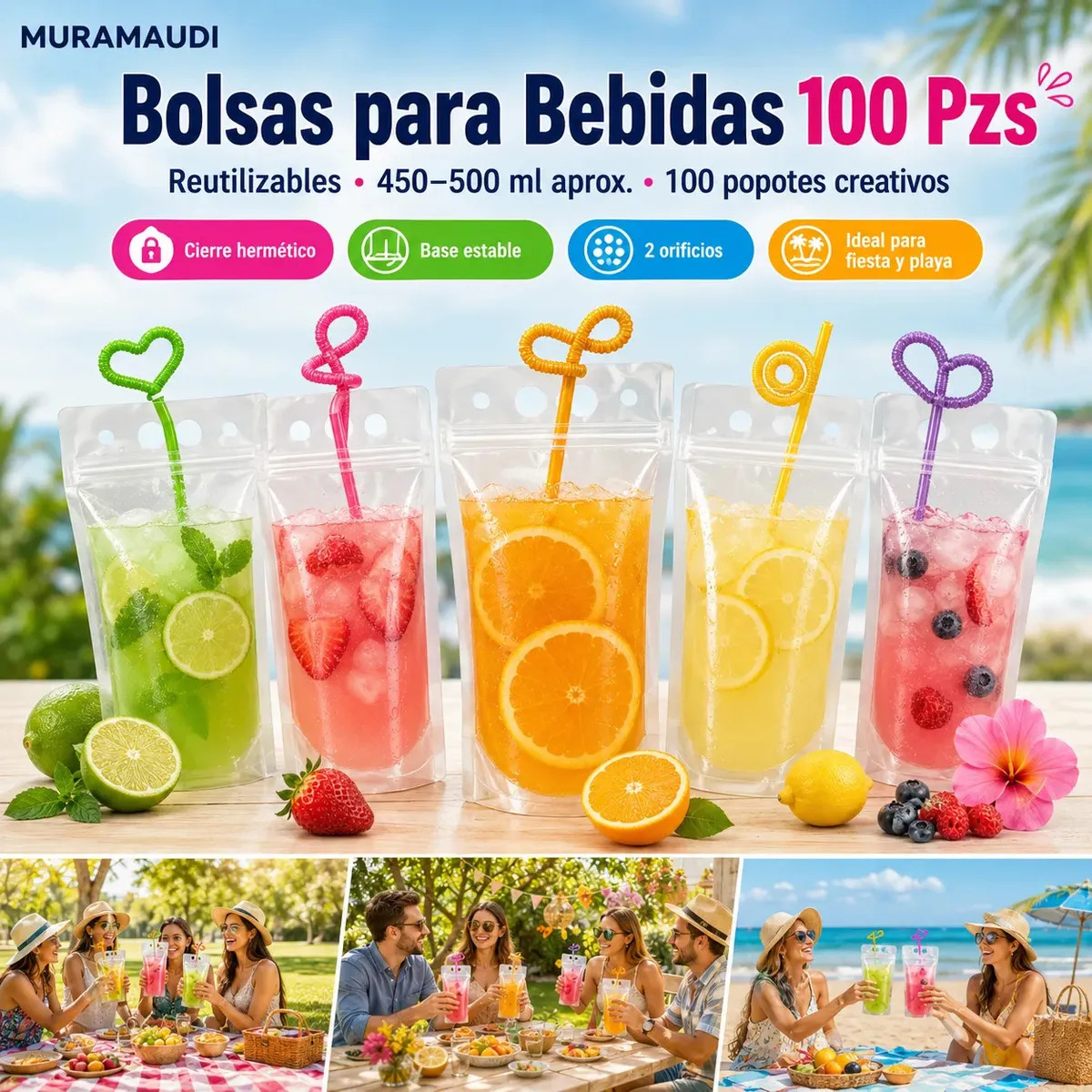 100 Pcs Bolsa De Bebida Sellada Portátil De Asas Con Pajitas, 500 Ml Bolsas De Mano, Reutilizables Translúcidas, Para Hogar Camping Cocina MURAMAUDI