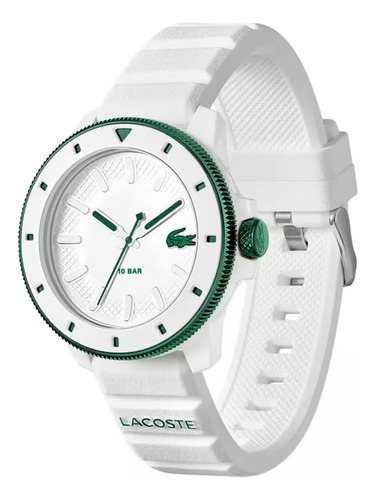 Reloj Lacoste Hombre 2011415 12.12 Scuba Malla Blanco Bisel Verde Fondo Blanco