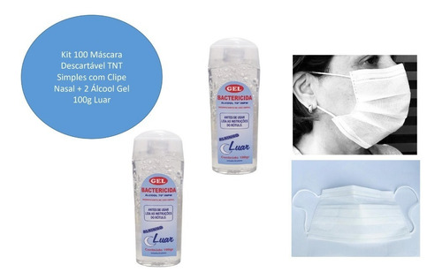 Kit 100 Máscara Desc Tnt Simples Clipe Nasal + 2 Álcool 100g