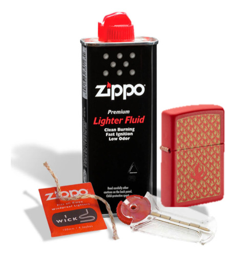 Zippo Encendedor Patron De Flamas Rojo Con Kit Insumos