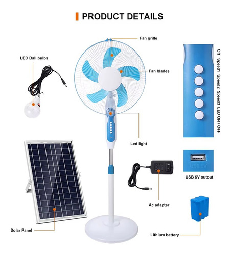 Ventilador Con Panel Solar Recargable Luz Led 43 Cm 50 Blanco Azul Plástico 5