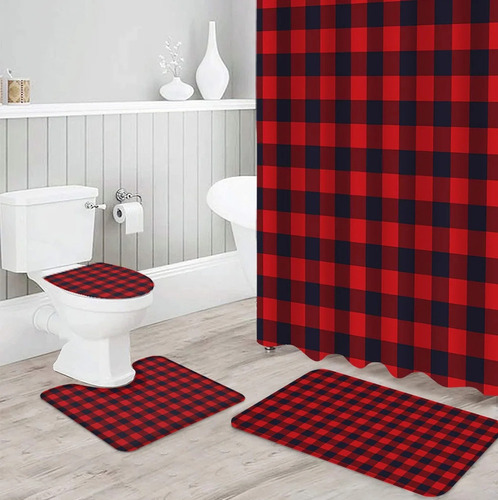 4pc Cortina De Ducha Impermeable A Cuadros Rojos Y Negros.
