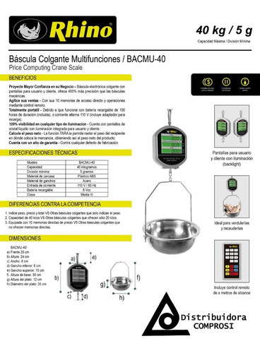 Báscula Digital Colgante Bacmu-40 40kg/5g Rhino Comprosi