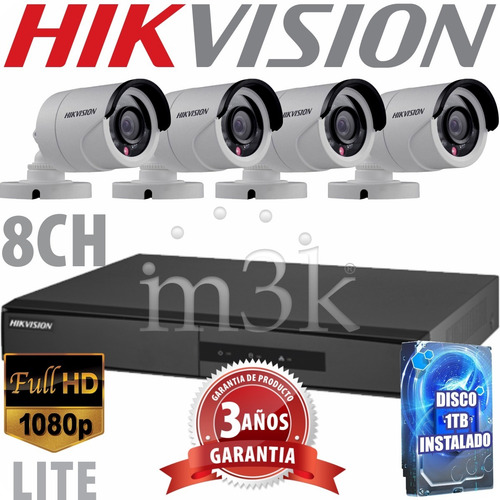 Imagen 2 de 8 de Kit Seguridad Hikvision Full Hd Dvr 8 + Disco 1tb Instalado + 4 Camaras Infrarrojas Exterior / Domos Interior + Ip M3k