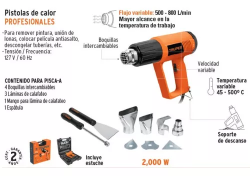 Pistola de calor 2000 W con 9 accesorios, profesional, Pistolas De Calor,  16432