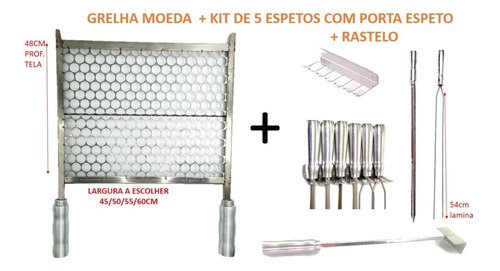 Grelha Moeda Inox 40/50/55 Ou 60cm Larg + Kit De Espetos