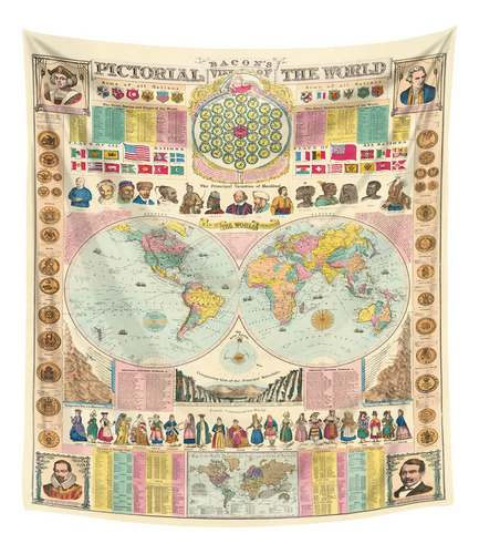Mapa Retro Del Mundo 1594 Tapiz De Pared Vintage Multicolor