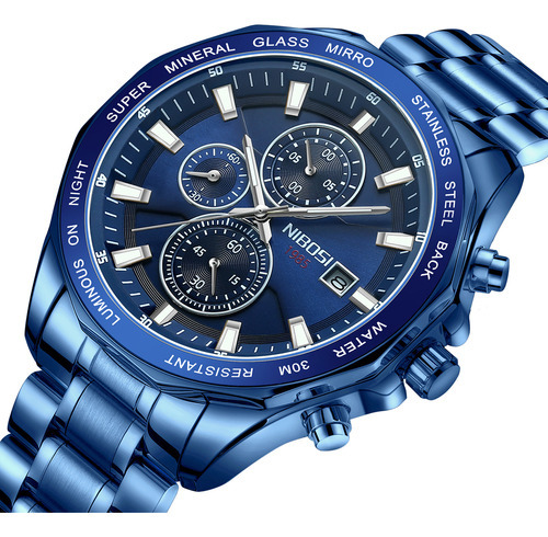 Reloj Nibosi Con Cronógrafo Y Calendario De Lujo Para Hombre Color Del Fondo Azul