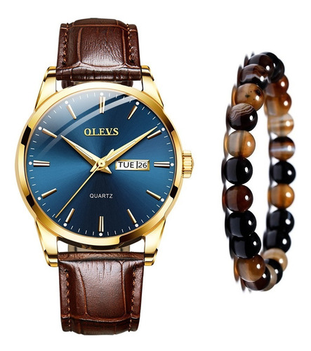 Relógio Masculino Social Dourado De Luxo + Pulseira Bolinhas Cor da correia Marrom Cor do fundo Azul