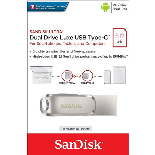 Usb Dual Tipo C 512gb Sandisk Ultra  Luxe 150mb/s Pc/mac 3.1