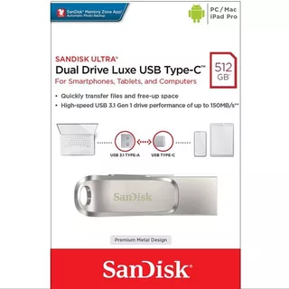 Usb Dual Tipo C 512gb Sandisk Ultra Luxe 150mb/s Pc/mac 3.1