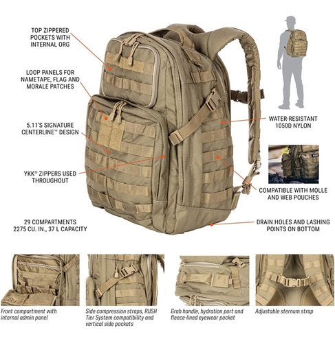 5.11 Tactical Rush24 Military Backpack, Molle Bag Rucksack P