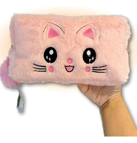 Estuche escolar Plush Kitten Box Necessaire Pompom, tamaño grande, color gatito rosa