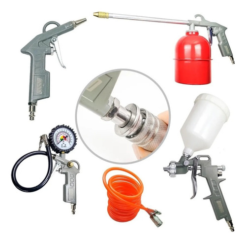 Kit Set 5 Pz Compresor Aire Acople Rapido Pistola Manguera