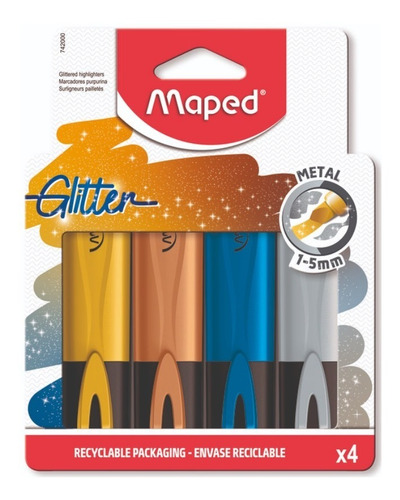 Marcador Resaltador Metal Glitter X4 Colores Maped 742000