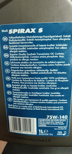Aceite Shell Spirax 75w140 Full Sintetico Italia 1 L Transmi