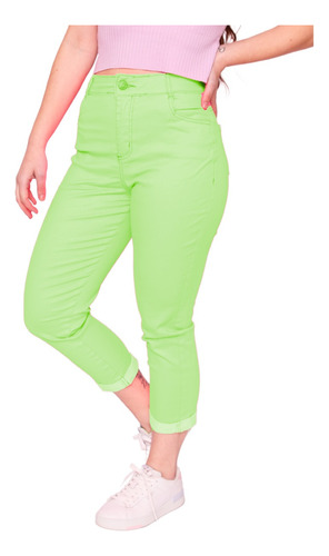 Calça Mom Jeans Sarja Neon Colorida Solta Lycra Bolso Smart 