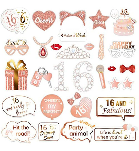 Konsait Rose Gold 16 Birthday Photo Booth Kit (30 Unidades),