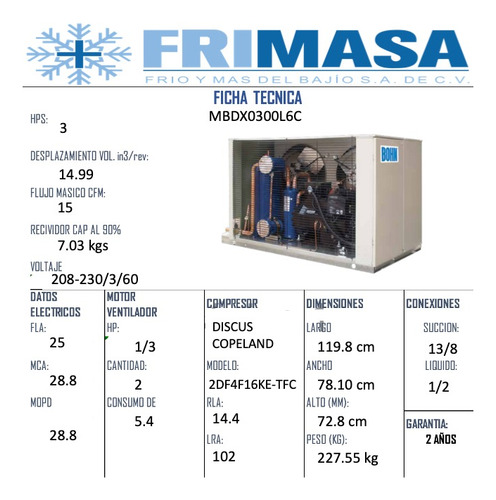 Unidad Condensadora Bohn 3 Hp Baja Temperatura Mbzx0300l6c