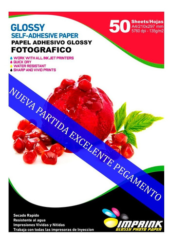 Imagen 1 de 3 de Papel Fotografico Adhesivo Glossy 135gr A4 X 50 Hojs Imprink