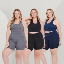 Comprar Kit 3- Conjuntos Academia Top + Short Cós Alto Plus Size