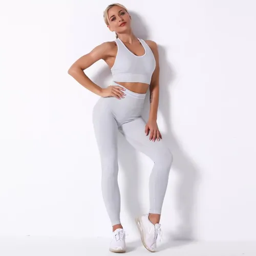 Conjunto Deportivo Lycra Push Up + Crop Top- Gris Ref 5030