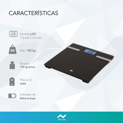 Imagen 5 de 6 de Balanza Digital Personal Nictom Bp02 Negra, Hasta 180 Kg