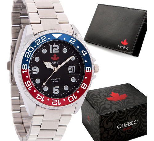 Relógio Masculino Quebec Pulseira De Aço Lindo C/ Carteira Cor da correia Prateado Cor do bisel Azul e Vermelho Cor do fundo Preto