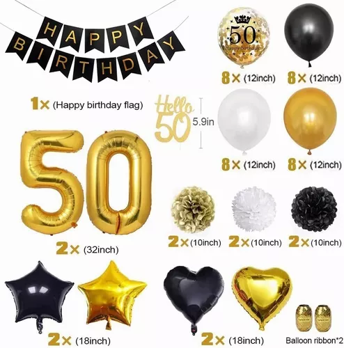 Globos decorativos de 50 cumpleaños, 15 unidades, color negro y plateado,  para fiesta de cumpleaños 50, globos de confeti de látex para hombres y