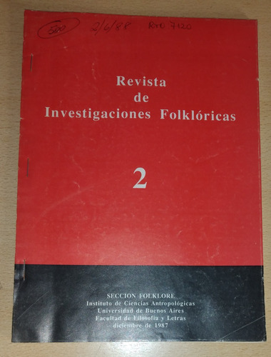 Revista De Investigaciones Folklóricas 2 Diciembre De 1987