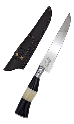 Faca P/ Churrasco Personalizada Inox Chifre Osso 7' C Bainha Cor Preto E Marrom