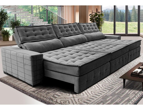 Sofá Retrátil 4,15m Cama Inbox Big Puffer. Com Softgel d40 Cor Cinza