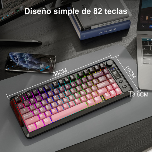 Teclado Free Wolf M75 Rgb Inalámbrico Bluetooth Con Pantalla Rosa