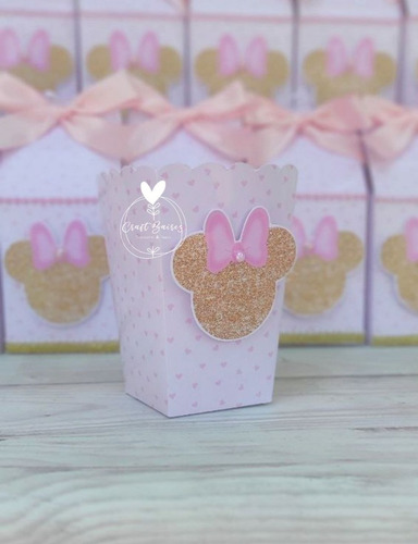 20 Caja Pochoclera Personalizada Minnie Mouse Rosa Y Dorado