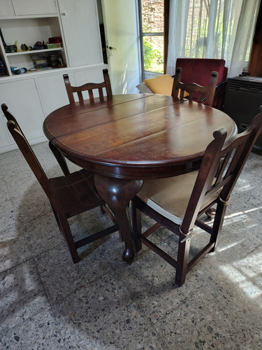 Mesa De Roble Macizo Antigua Expandible 40 Cm, Más 6 Sillas Marrón Oscuro (Usado)