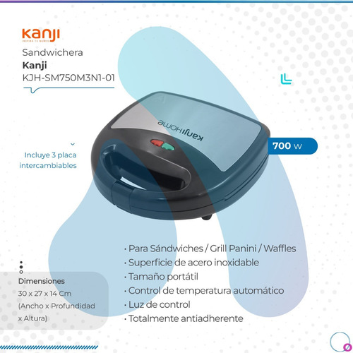 Imagen 2 de 10 de Sandwichera Kanji 750w Acero Inoxidable Kjh-sm750m3n1-01full