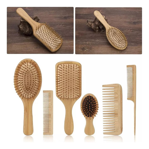 Kit De Cepillo Y Peine De Bambú Anti Frizz Con 6 Piezasv1.