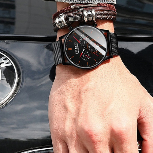 Reloj Hombre Acero Inoxidable Cronógrafo Real Fluorecente Bs Correa Punteros Rojos