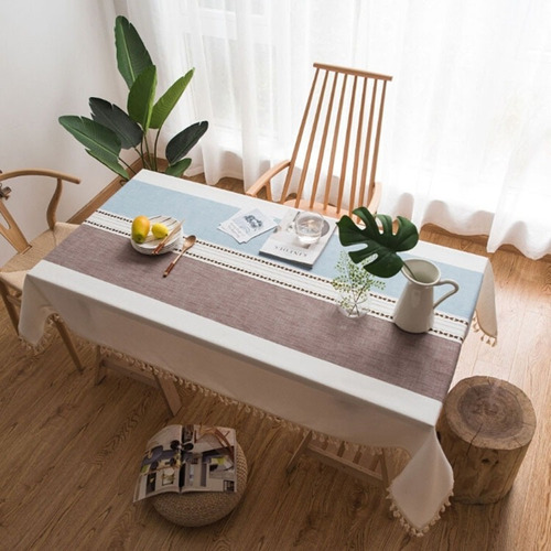 Mantel De Comedor Rectangular Con Borlas De Lino Y Algodón