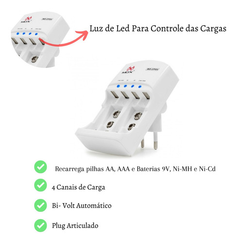 Imagem 4 de 6 de Kit Carregador + 2 Pilhas Aaa + 2 Pilhas Aa Recarregável