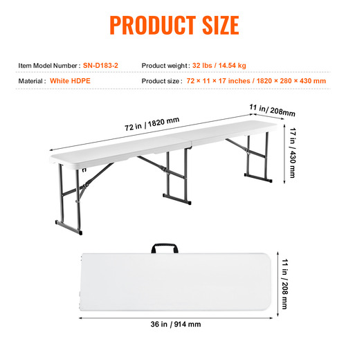 Vevor Banco Plegable De Plástico,plegable Portátilde 6 Pies,