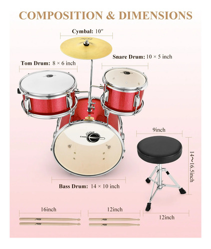 Batería Musical Para Niños 3 Piezas, 14 Pulgadas Rojo
