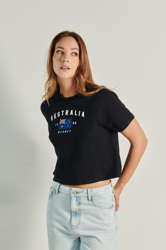 Camiseta Para Mujer Manga Corta Azul Oscura, Crop Top Cuello