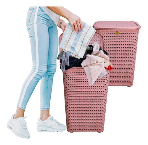 4 Cestos Canastas Organizador Ropa Tapa Rattan Resistente Color Rosa